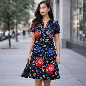 IMNYC Black Floral Shirt Dress | Button Front Collared Short Sleeve Mini